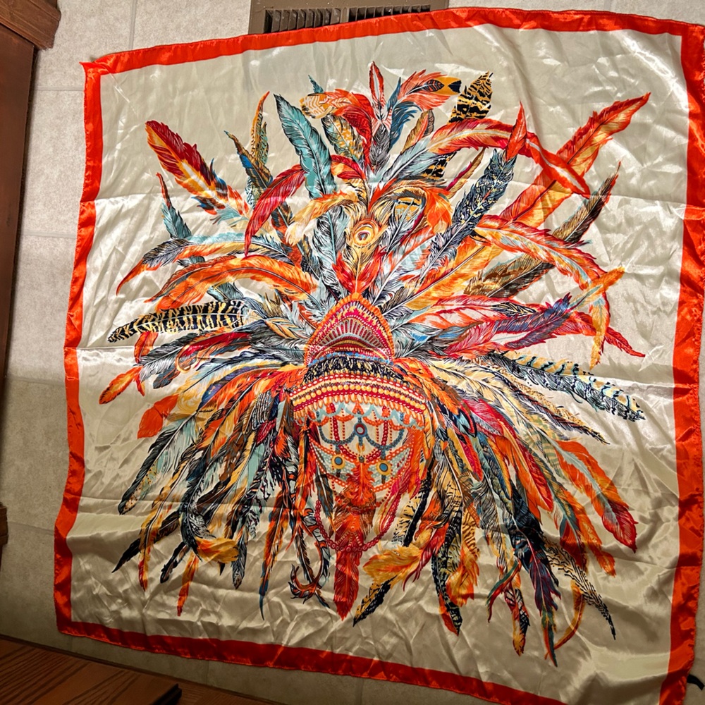 Oversized 100 percent polyester Feather Headdress Print Square scarf.